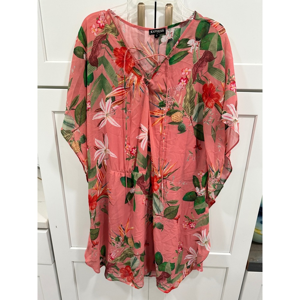 Express Women Coral Pink Tropical Floral Lace Up Mini Dress Swim Coverup M